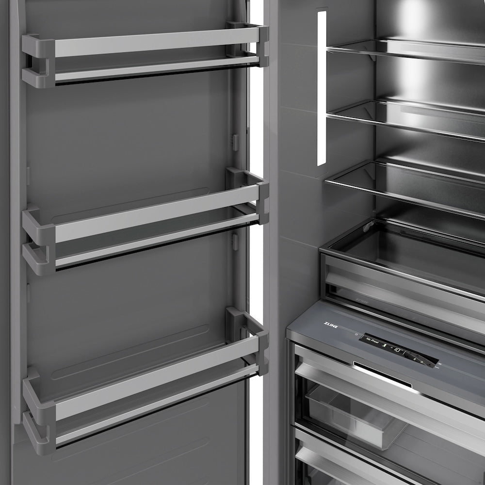 ZLINE Autograph Edition 24-inch freezer in satin stainless steel with graphite gray interior and polished gold accents RCFVZ-SN-24-G, door open