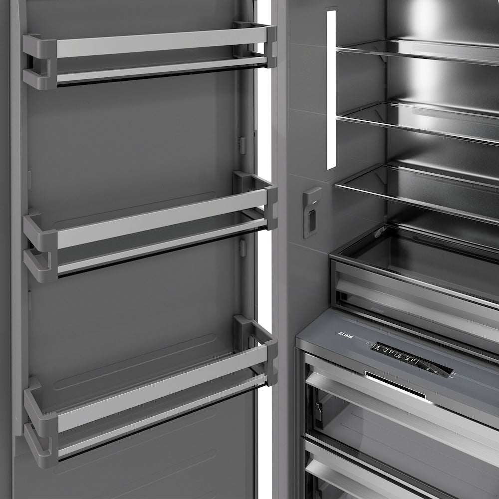 ZLINE 24-inch refrigerator in satin stainless steel with graphite gray interior RCRV-SN-24, door open
