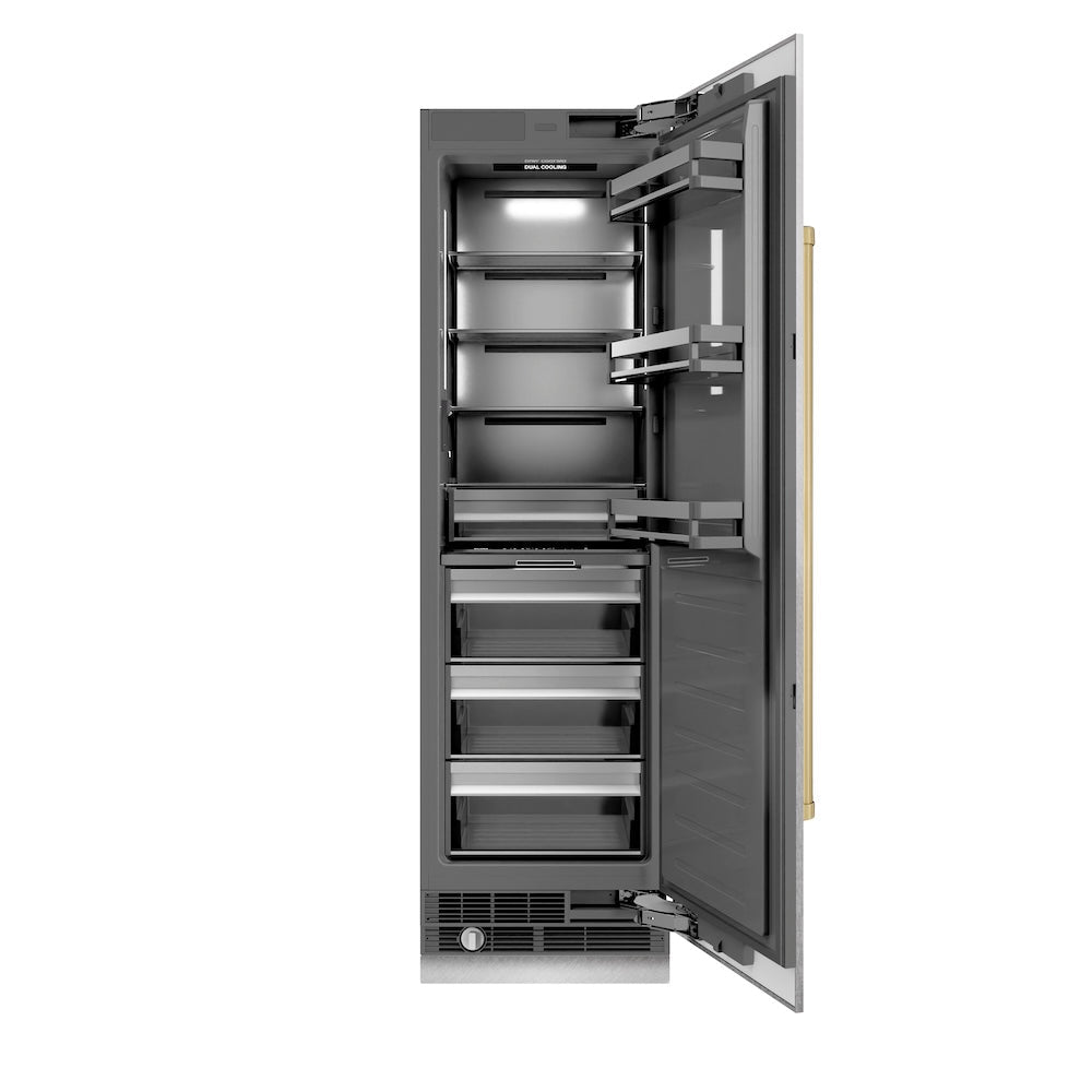 ZLINE Autograph Edition 24-inch refrigerator in satin stainless steel with graphite gray interior and champagne bronze accents RCRVZ-SN-24-CB