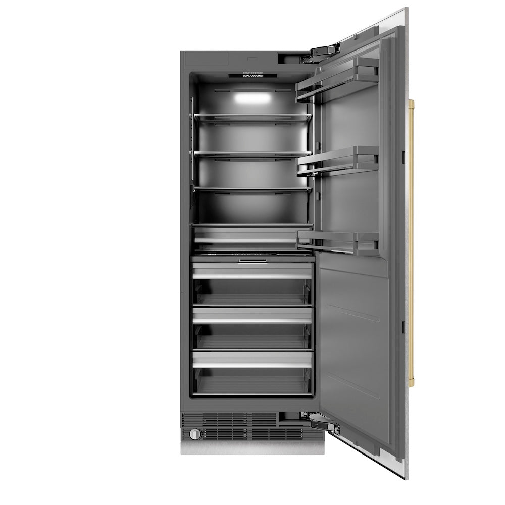 ZLINE Autograph Edition 30-inch refrigerator in satin stainless steel with graphite gray interior and champagne bronze accents RCRVZ-SN-30-CB