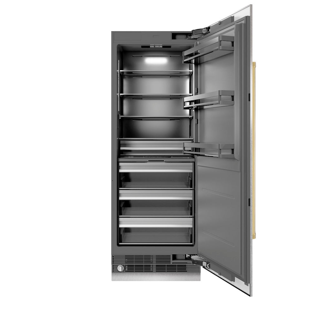 ZLINE Autograph Edition 30-inch refrigerator in satin stainless steel with graphite gray interior and polished gold accents RCRVZ-SN-30-G