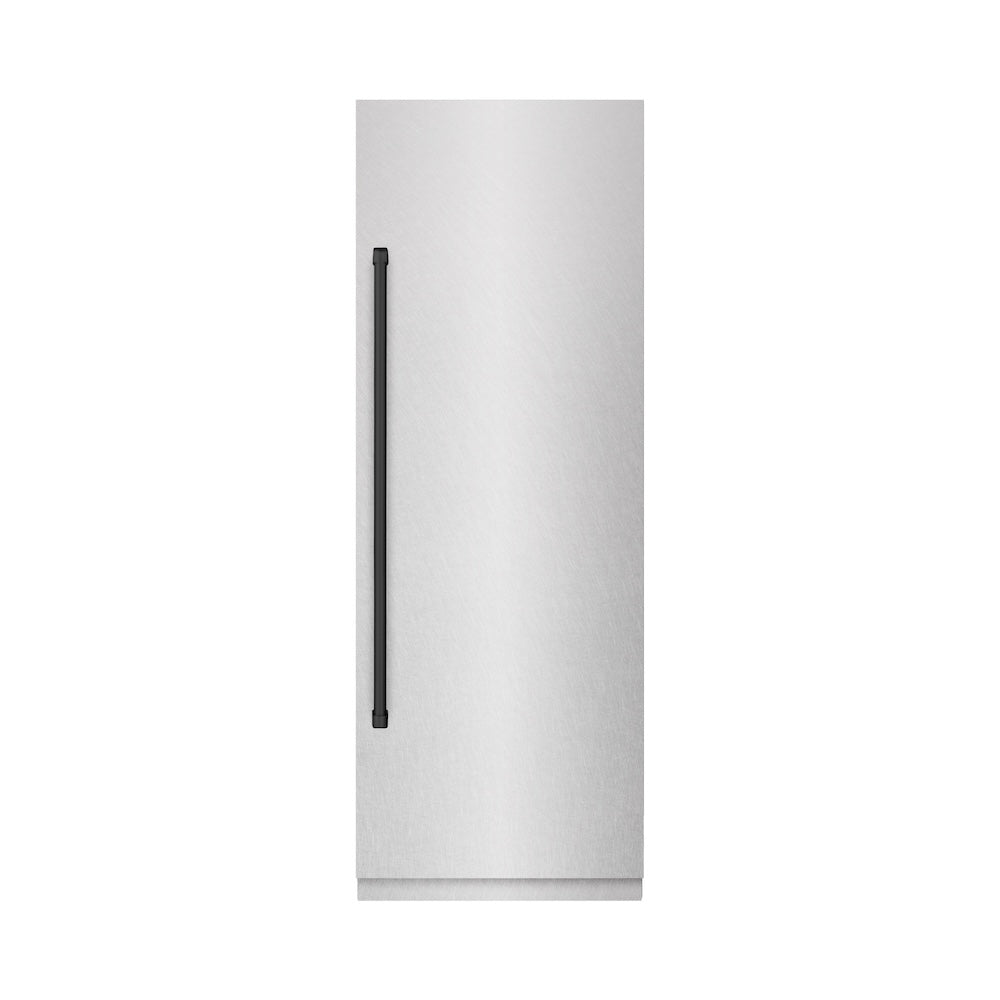 ZLINE Autograph Edition 30-inch refrigerator in satin stainless steel with graphite gray interior and matte black accents RCRVZ-SN-30-MB, front view