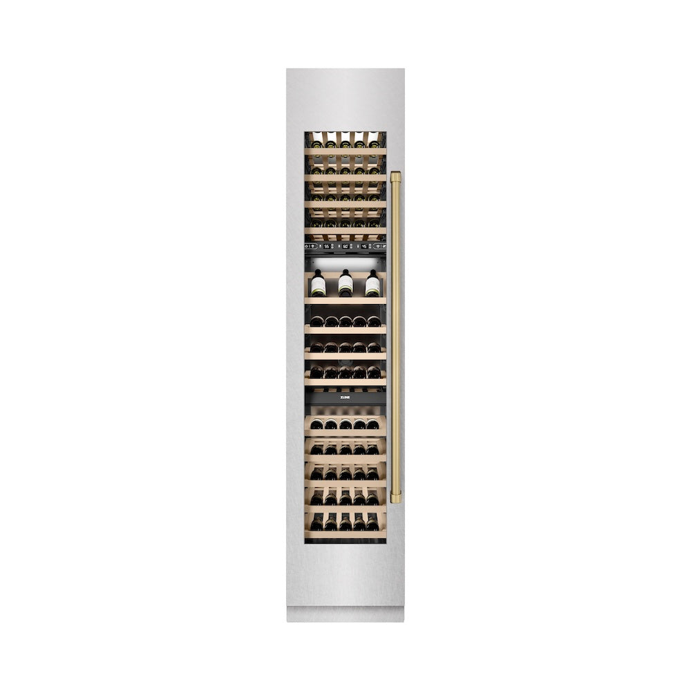 ZLINE Autograph Edition 18-inch wine cooler in satin stainless steel with graphite gray interior and champagne bronze accents RCWVLZ-SN-18-CB, front view