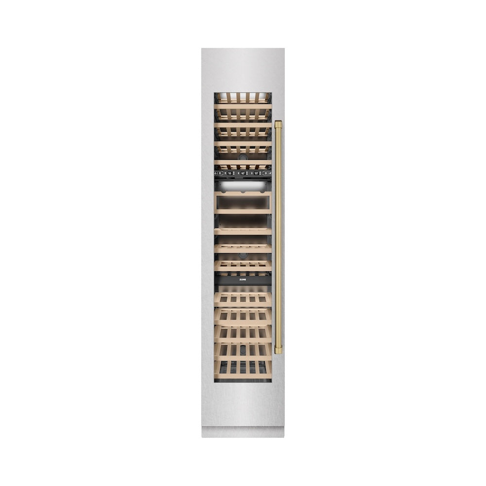 ZLINE Autograph Edition 18-inch wine cooler in satin stainless steel with graphite gray interior and champagne bronze accents RCWVLZ-SN-18-CB, front view