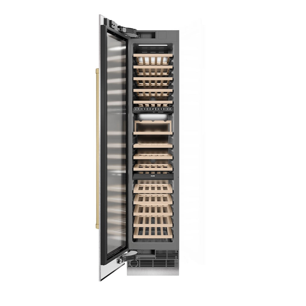 ZLINE Autograph Edition 18-inch wine cooler in satin stainless steel with graphite gray interior and champagne bronze accents RCWVLZ-SN-18-CB, front view
