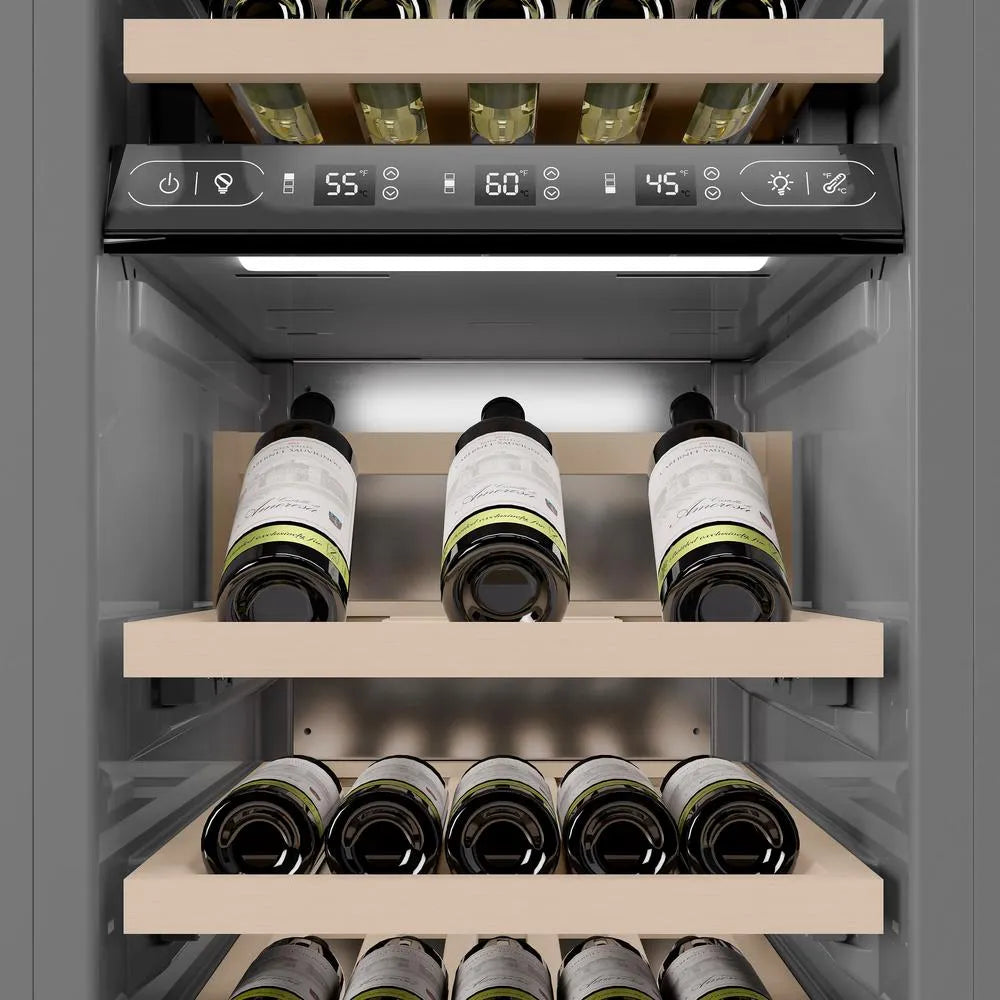 ZLINE Autograph Edition 18-inch wine cooler in satin stainless steel with graphite gray interior and polished gold accents RCWVLZ-SN-18-G, detail