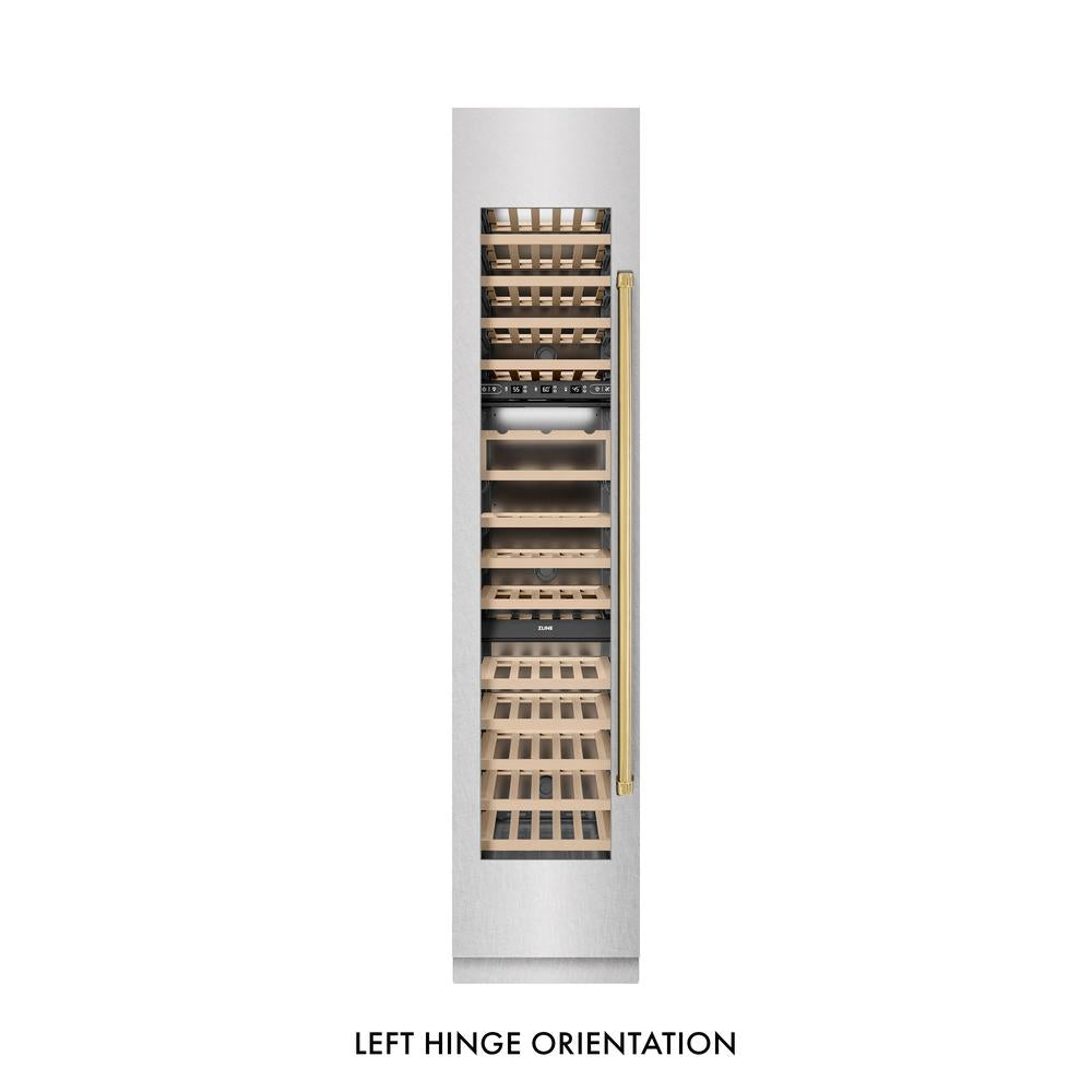 ZLINE Autograph Edition 18-inch wine cooler in satin stainless steel with graphite gray interior and polished gold accents RCWVLZ-SN-18-G