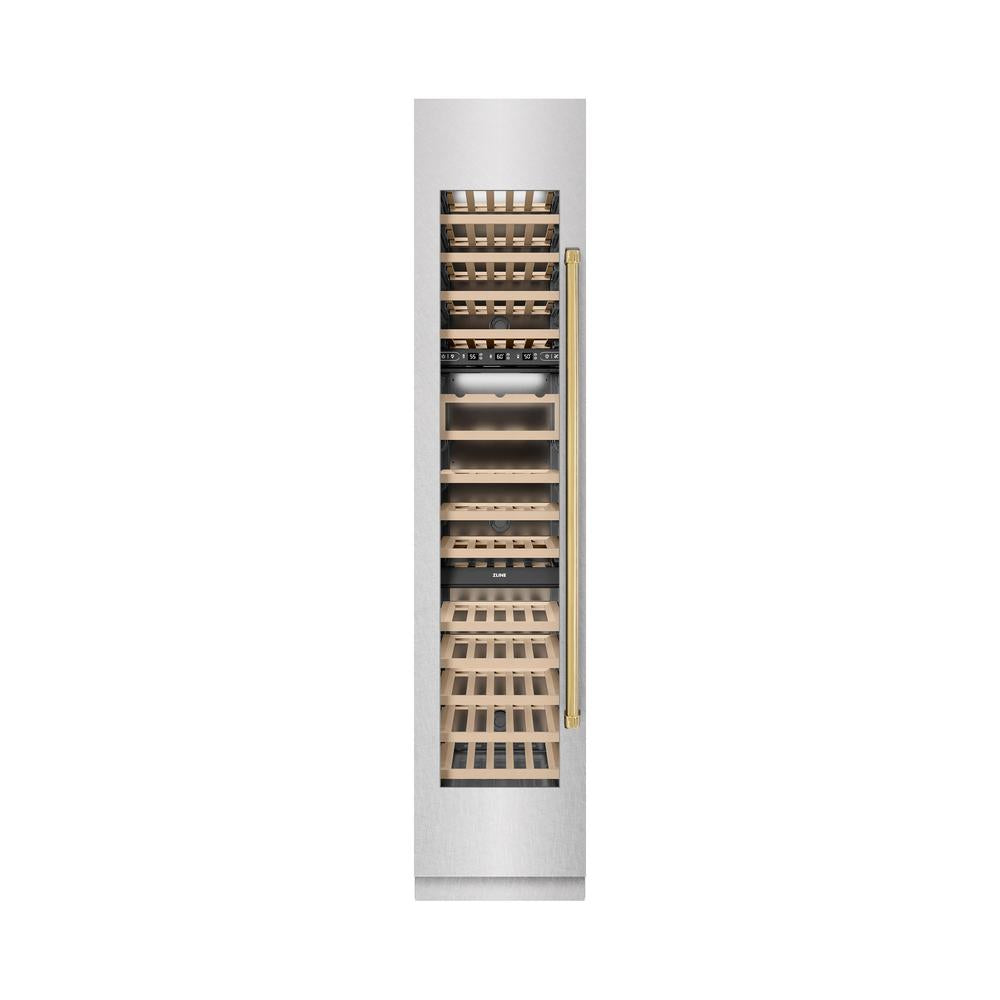ZLINE Autograph Edition 18-inch wine cooler in satin stainless steel with graphite gray interior and polished gold accents RCWVLZ-SN-18-G, front view