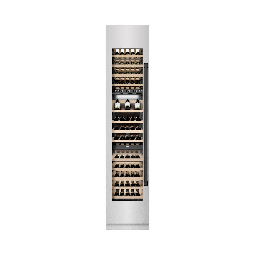 ZLINE Autograph Edition 18-inch wine cooler in satin stainless steel with graphite gray interior and matte black accents RCWVLZ-SN-18-MB, front view