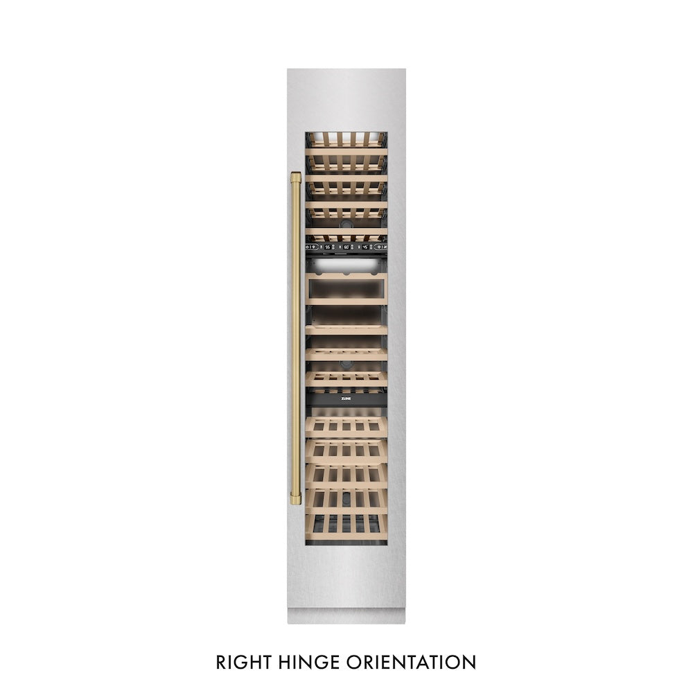 ZLINE Autograph Edition 18-inch wine cooler in satin stainless steel with graphite gray interior and champagne bronze accents RCWVRZ-SN-18-CB