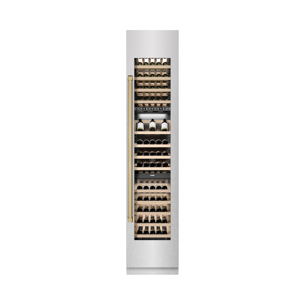 ZLINE Autograph Edition 18-inch wine cooler in satin stainless steel with graphite gray interior and champagne bronze accents RCWVRZ-SN-18-CB, front view