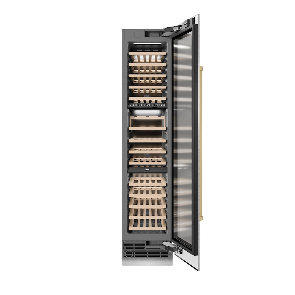 ZLINE Autograph Edition 18-inch wine cooler in satin stainless steel with graphite gray interior and champagne bronze accents RCWVRZ-SN-18-CB, front view