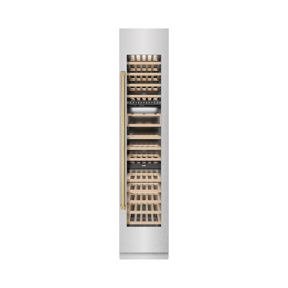 ZLINE Autograph Edition 18-inch wine cooler in satin stainless steel with graphite gray interior and polished gold accents RCWVRZ-SN-18-G, front view