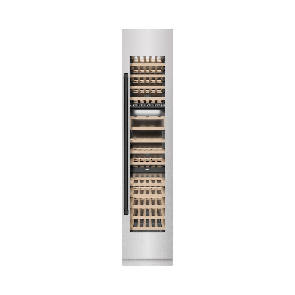 ZLINE Autograph Edition 18-inch wine cooler in satin stainless steel with graphite gray interior and matte black accents RCWVRZ-SN-18-MB, front view