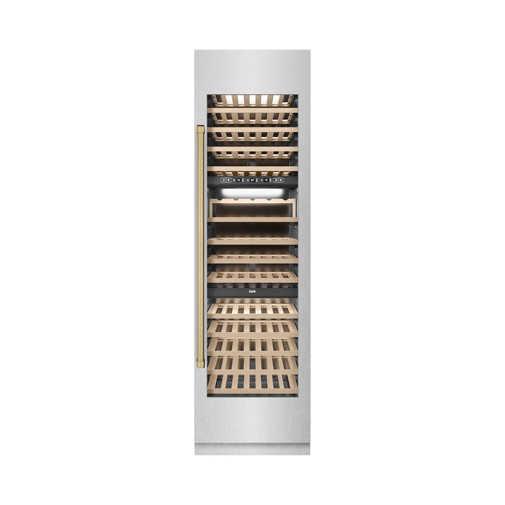 ZLINE Autograph Edition 24-inch wine cooler in satin stainless steel with graphite gray interior and champagne bronze accents RCWVZ-SN-24-CB