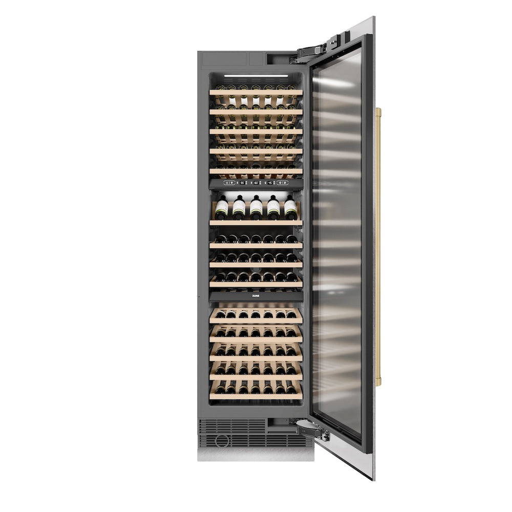 ZLINE Autograph Edition 24-inch wine cooler in satin stainless steel with graphite gray interior and champagne bronze accents RCWVZ-SN-24-CB, front view