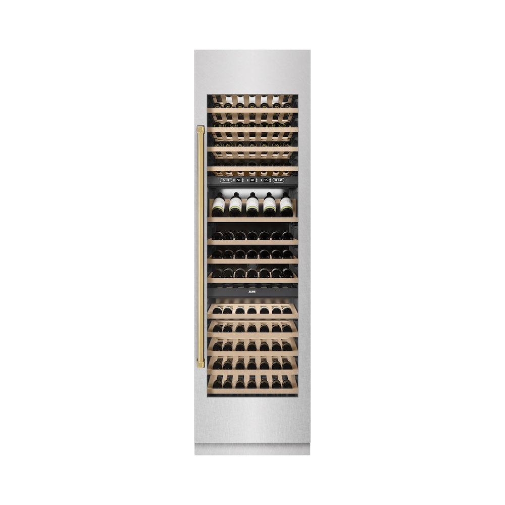 ZLINE Autograph Edition 24-inch wine cooler in satin stainless steel with graphite gray interior and polished gold accents RCWVZ-SN-24-G, front view