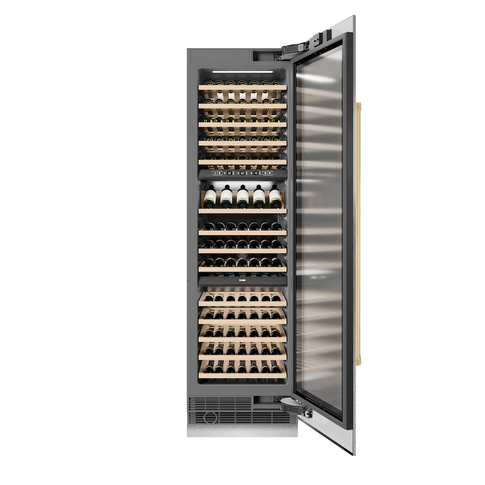 ZLINE Autograph Edition 24-inch wine cooler in satin stainless steel with graphite gray interior and polished gold accents RCWVZ-SN-24-G, front view