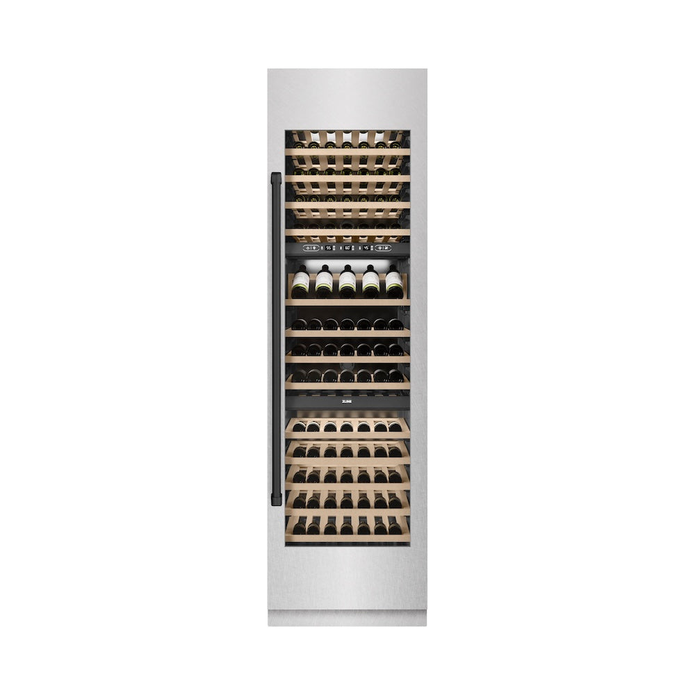 ZLINE Autograph Edition 24-inch wine cooler in satin stainless steel with graphite gray interior and matte black accents RCWVZ-SN-24-MB, front view
