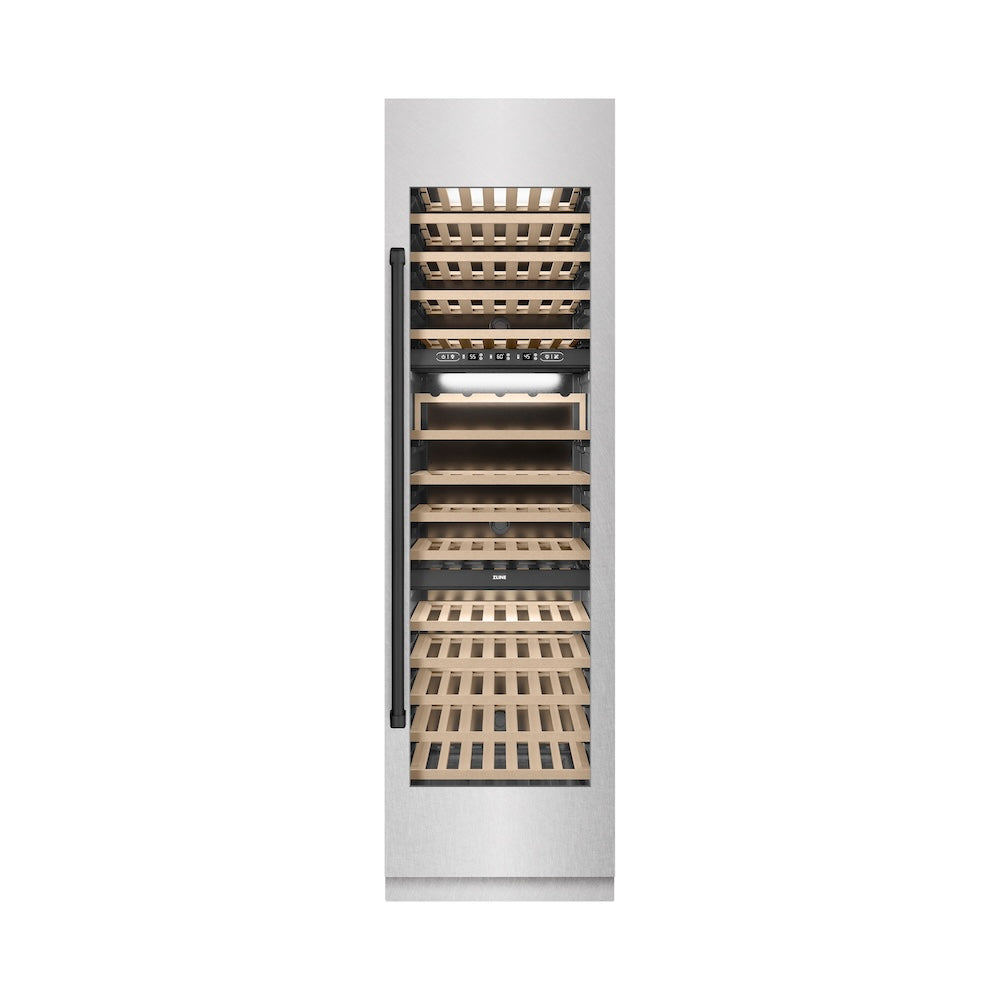 ZLINE Autograph Edition 24-inch wine cooler in satin stainless steel with graphite gray interior and matte black accents RCWVZ-SN-24-MB