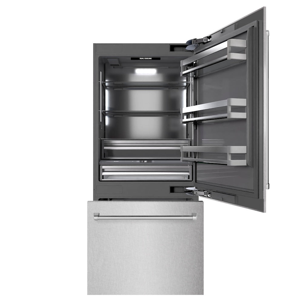 ZLINE 36-inch refrigerator in satin stainless steel with graphite gray interior GRBIT-SN-36, front view