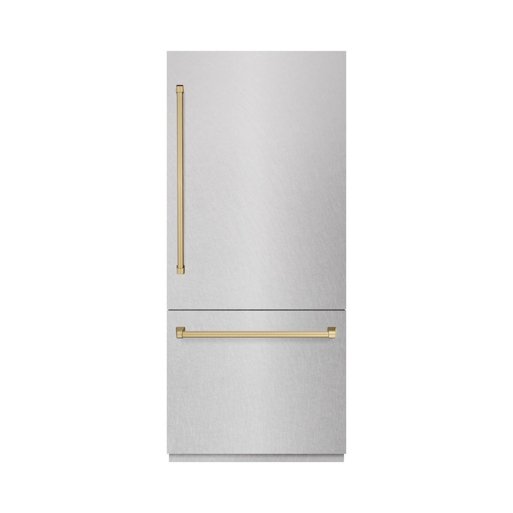 ZLINE Autograph Edition 36-inch refrigerator in satin stainless steel with graphite gray interior and champagne bronze accents GRBITZ-SN-36-CB, front view