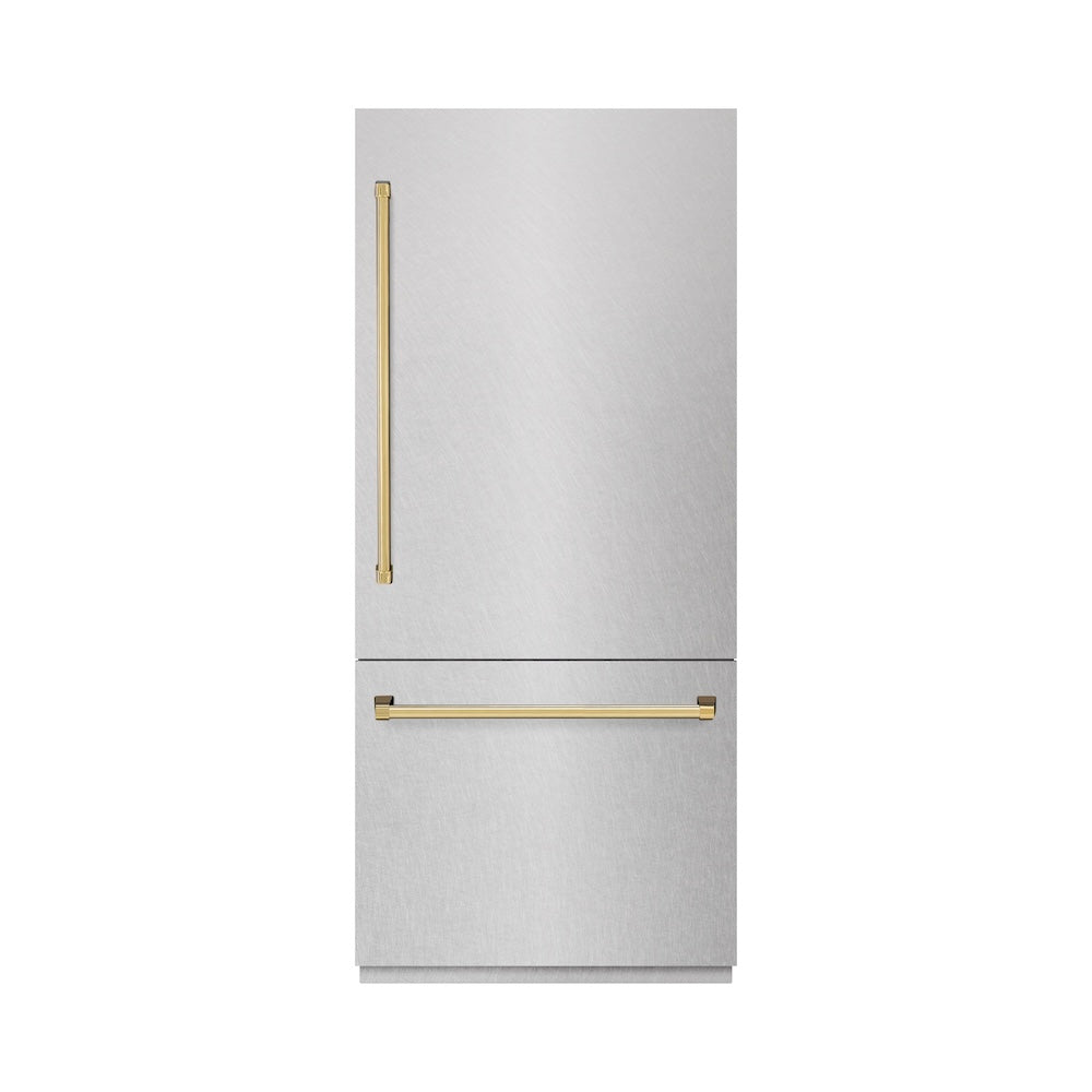 ZLINE Autograph Edition 36-inch refrigerator in satin stainless steel with graphite gray interior and polished gold accents GRBITZ-SN-36-G, front view