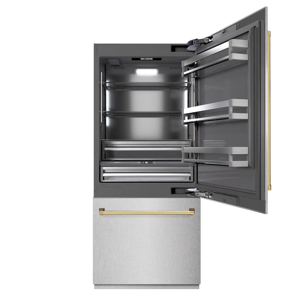 ZLINE Autograph Edition 36-inch refrigerator in satin stainless steel with graphite gray interior and polished gold accents GRBITZ-SN-36-G
