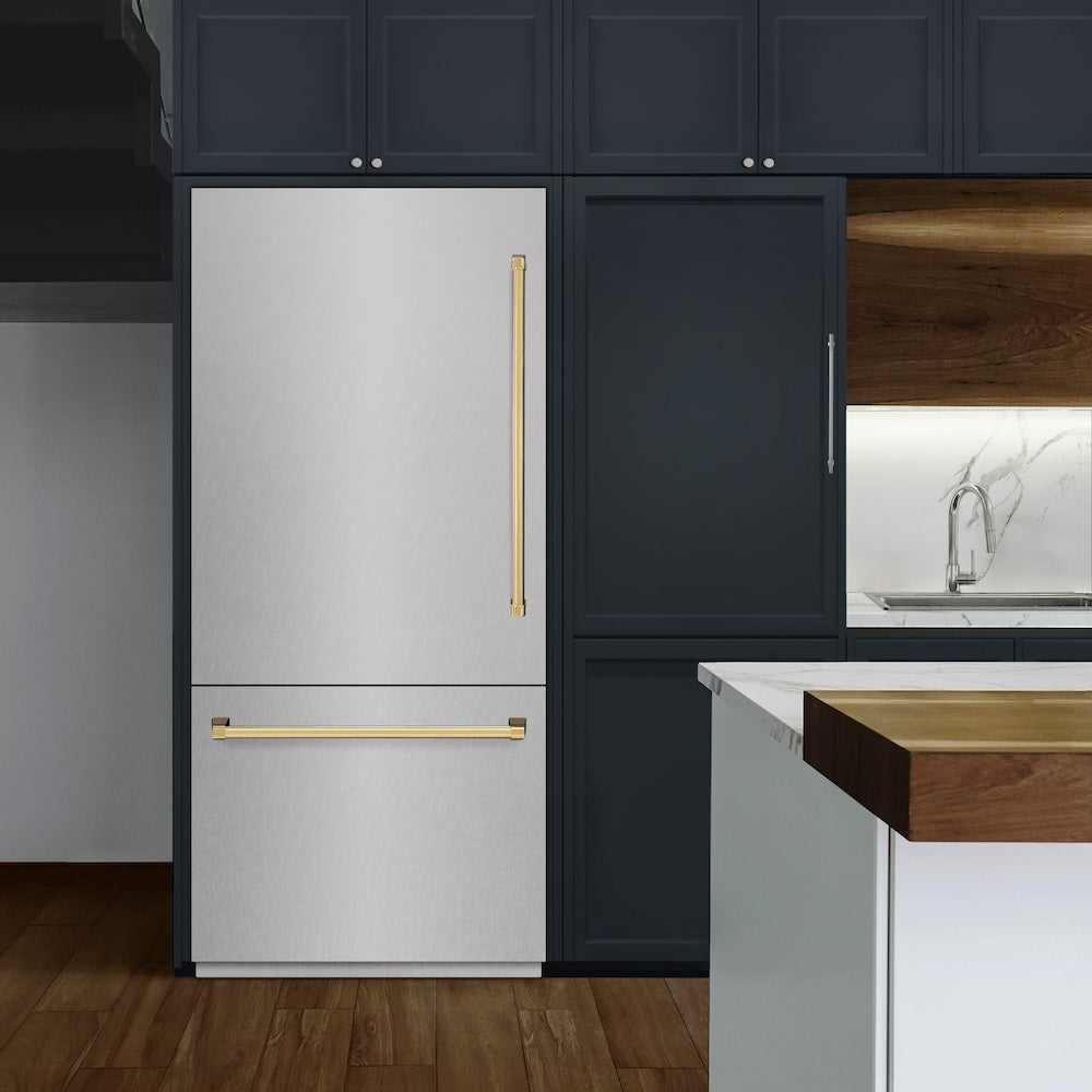 ZLINE Autograph Edition 36-inch refrigerator in satin stainless steel with graphite gray interior and polished gold accents GRBITZ-SN-36-G, view 2