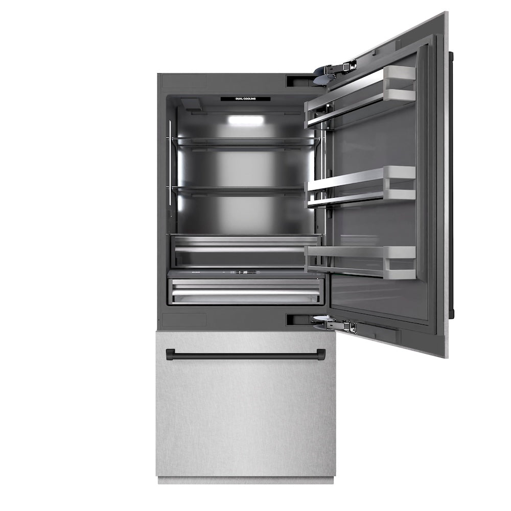 ZLINE Autograph Edition 36-inch refrigerator in satin stainless steel with graphite gray interior and matte black accents GRBITZ-SN-36-MB