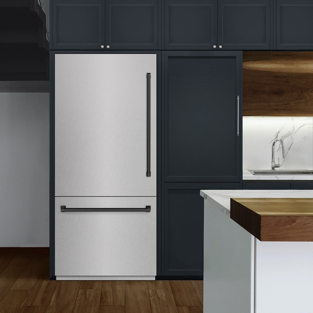 ZLINE Autograph Edition 36-inch refrigerator in satin stainless steel with graphite gray interior and matte black accents GRBITZ-SN-36-MB, view 2