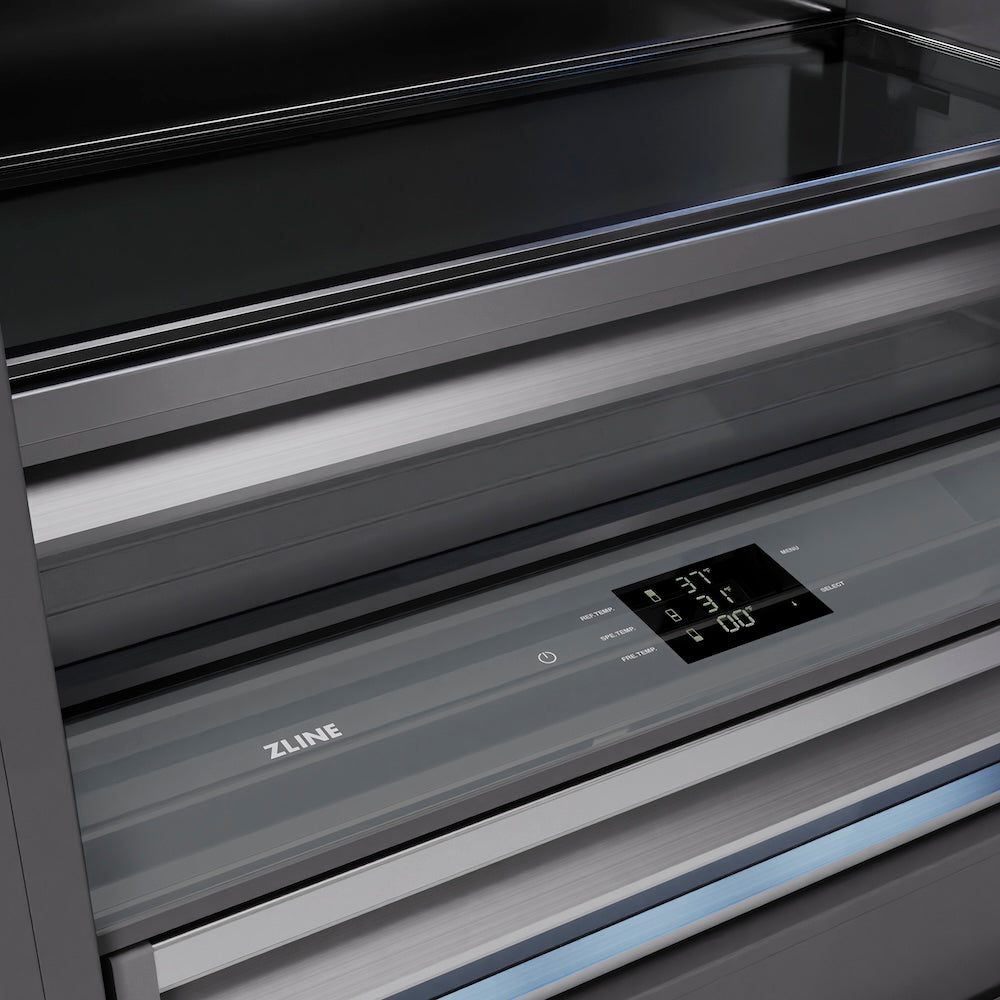 ZLINE Autograph Edition 72-inch refrigerator in satin stainless steel with graphite gray interior and champagne bronze accents GRBITZ-SN-72-CB, detail