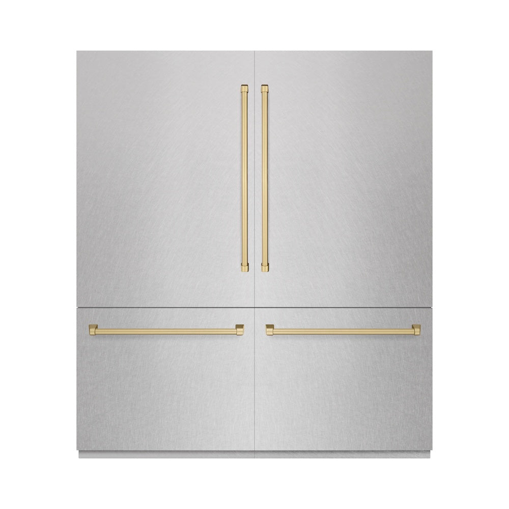 ZLINE Autograph Edition 72-inch refrigerator in satin stainless steel with graphite gray interior and champagne bronze accents GRBITZ-SN-72-CB, front view