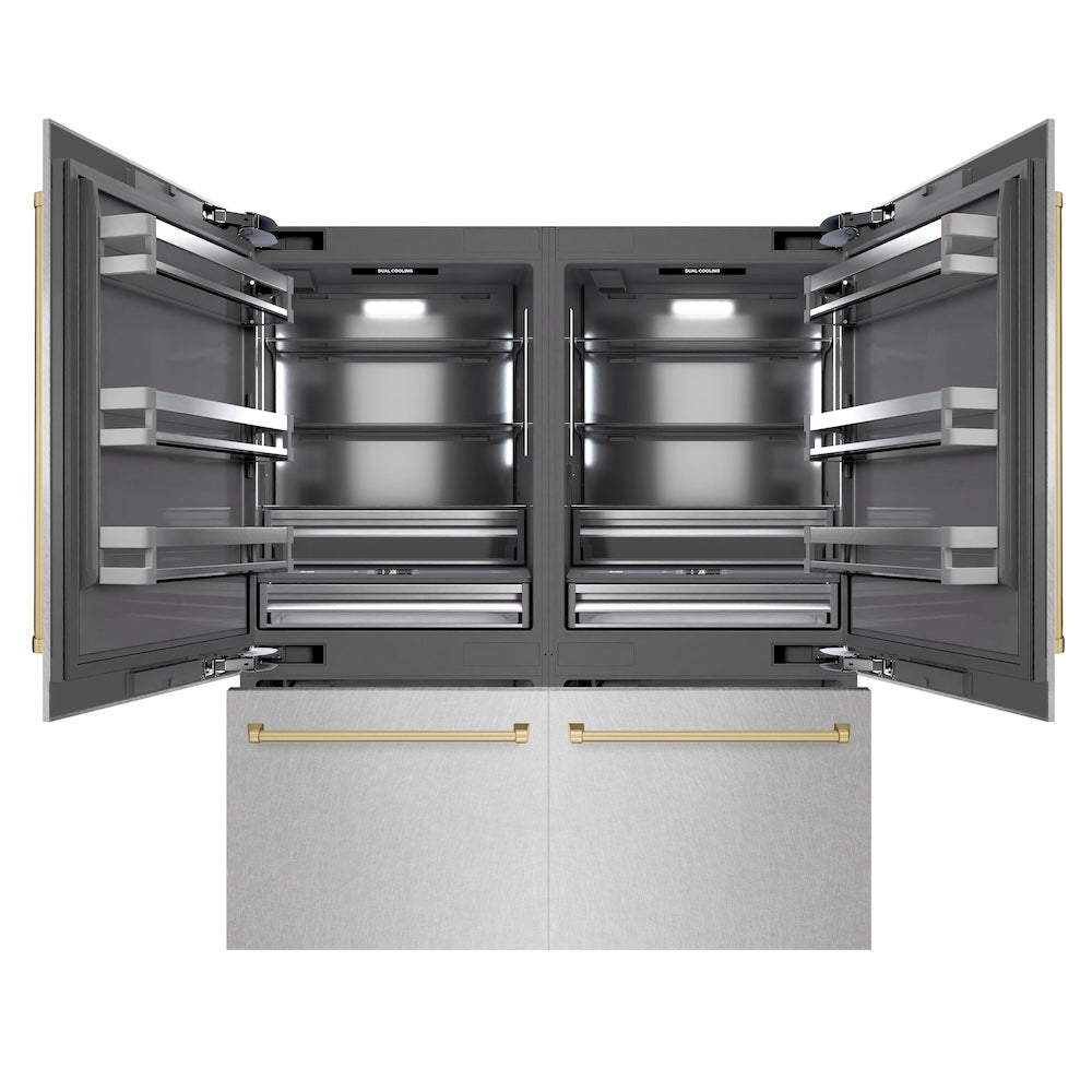 ZLINE Autograph Edition 72-inch refrigerator in satin stainless steel with graphite gray interior and champagne bronze accents GRBITZ-SN-72-CB, front view