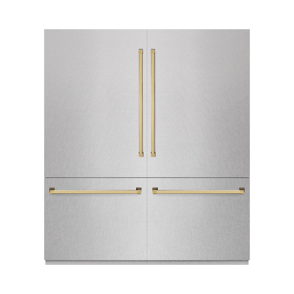 ZLINE Autograph Edition 72-inch refrigerator in satin stainless steel with graphite gray interior and polished gold accents GRBITZ-SN-72-G, front view