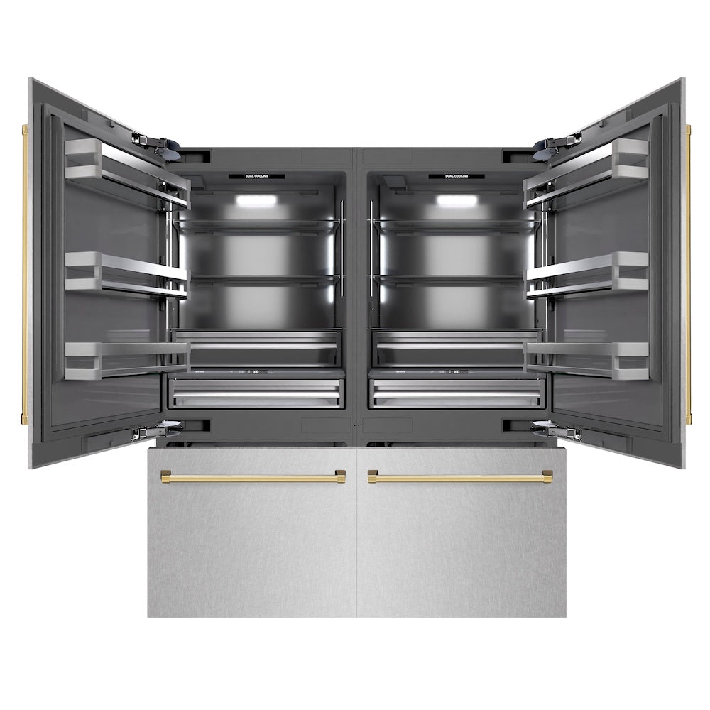 ZLINE Autograph Edition 72-inch refrigerator in satin stainless steel with graphite gray interior and polished gold accents GRBITZ-SN-72-G, front view