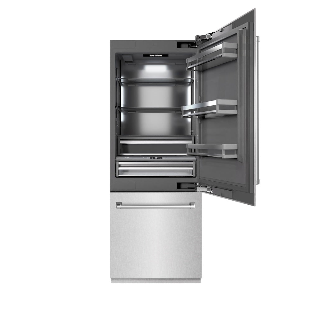 ZLINE 30-inch refrigerator in satin stainless steel with graphite gray interior GRBIV-SN-30, front view