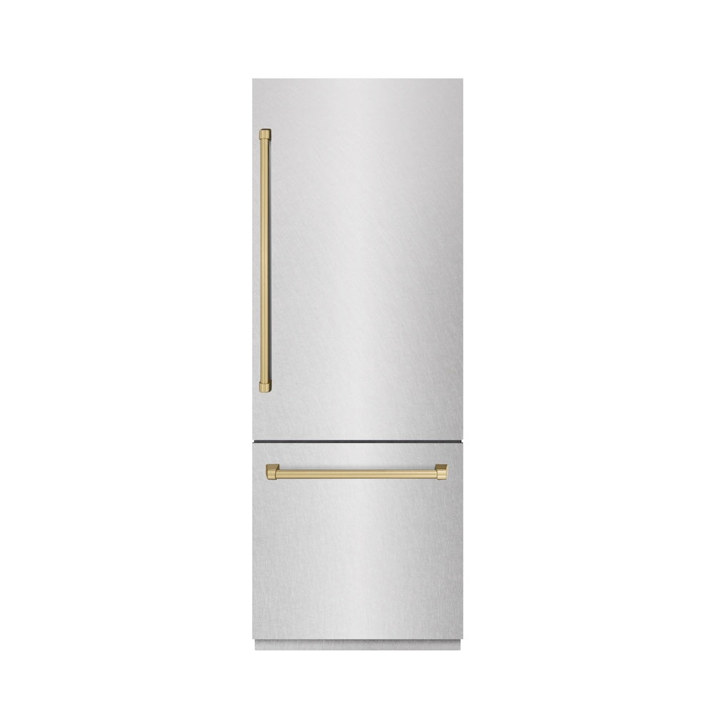 ZLINE Autograph Edition 30-inch refrigerator in satin stainless steel with graphite gray interior and champagne bronze accents GRBIVZ-SN-30-CB, front view