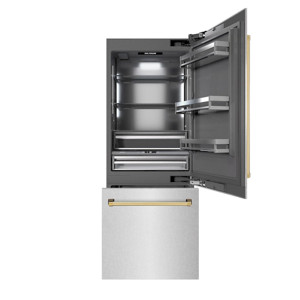 ZLINE Autograph Edition 30-inch refrigerator in satin stainless steel with graphite gray interior and polished gold accents GRBIVZ-SN-30-G