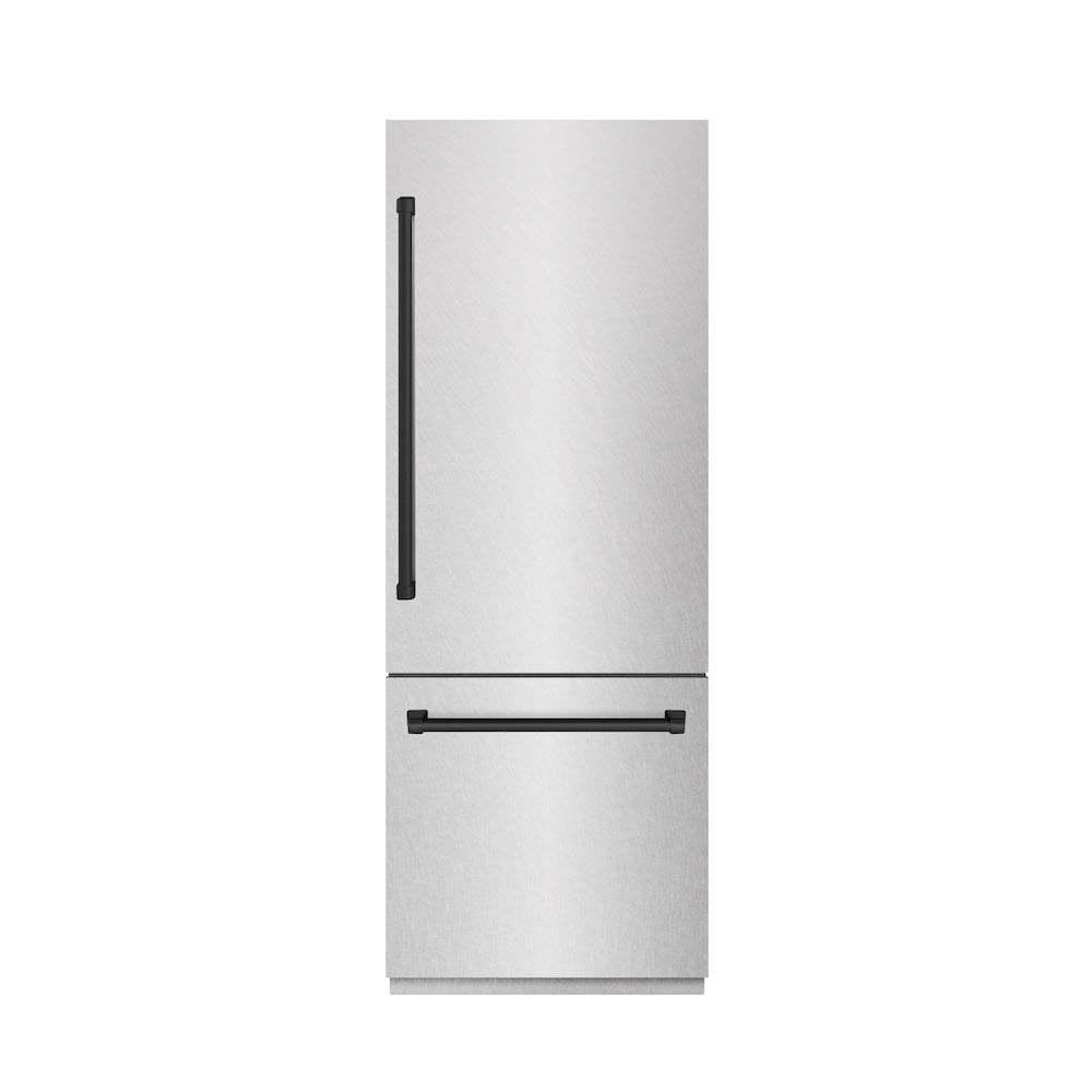 ZLINE Autograph Edition 30-inch refrigerator in satin stainless steel with graphite gray interior and matte black accents GRBIVZ-SN-30-MB, front view