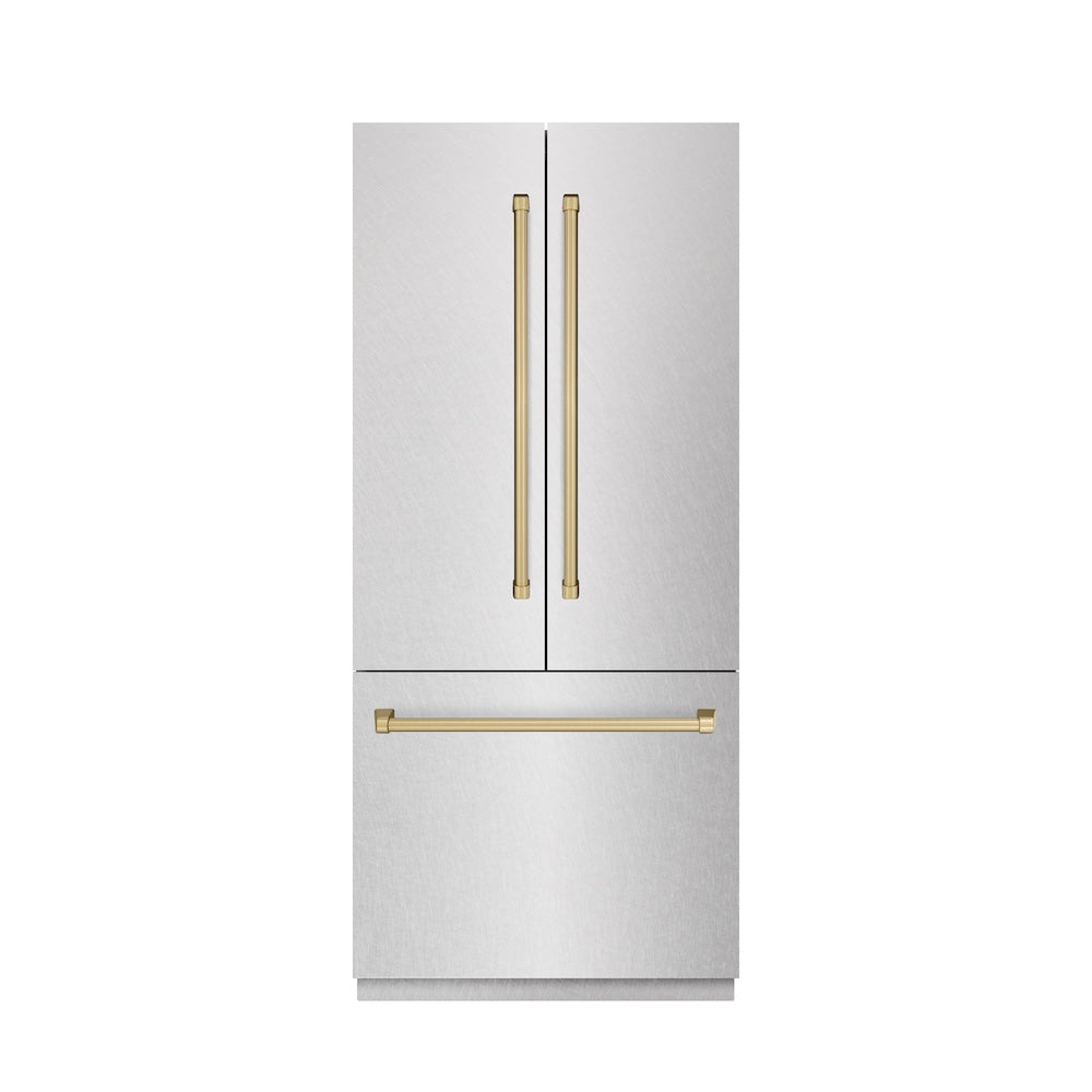 ZLINE Autograph Edition 36-inch refrigerator in satin stainless steel with graphite gray interior and champagne bronze accents GRBIVZ-SN-36-CB, front view