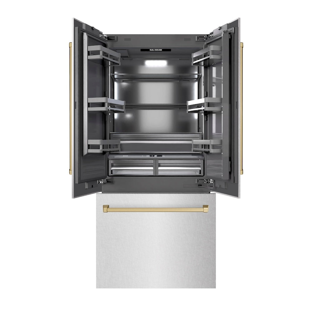 ZLINE Autograph Edition 36-inch refrigerator in satin stainless steel with graphite gray interior and champagne bronze accents GRBIVZ-SN-36-CB