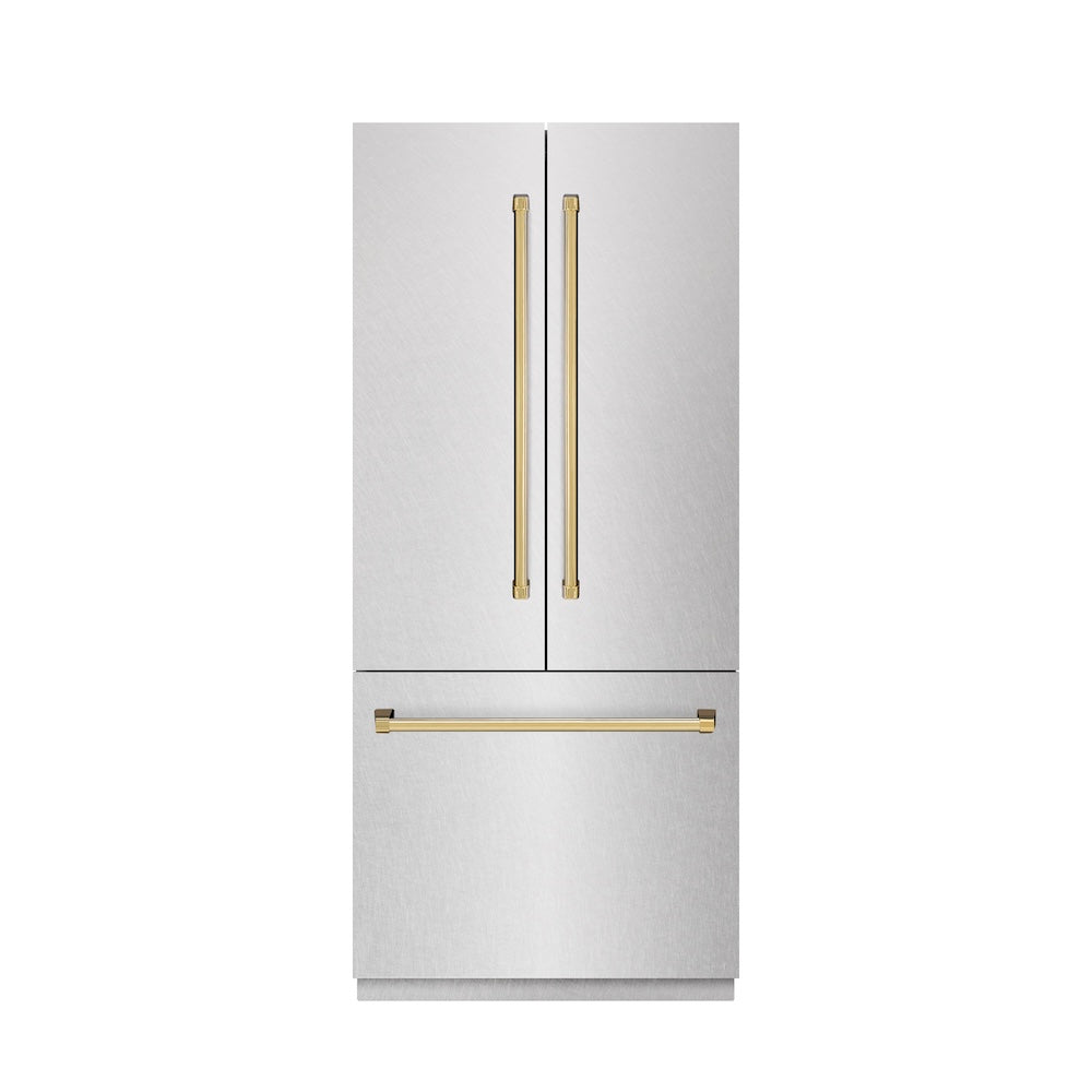 ZLINE Autograph Edition 36-inch refrigerator in satin stainless steel with graphite gray interior and polished gold accents GRBIVZ-SN-36-G, front view