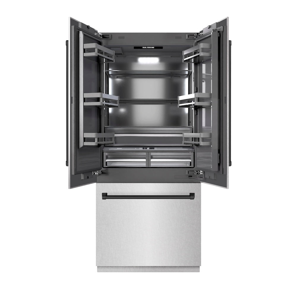 ZLINE Autograph Edition 36-inch refrigerator in satin stainless steel with graphite gray interior and matte black accents GRBIVZ-SN-36-MB, front view