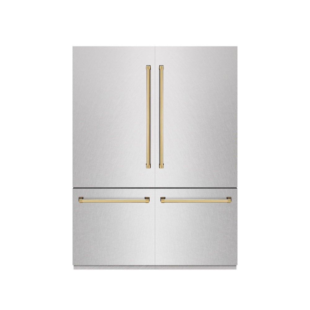 ZLINE Autograph Edition 60-inch refrigerator in satin stainless steel with graphite gray interior and polished gold accents GRBIVZ-SN-60-G, front view