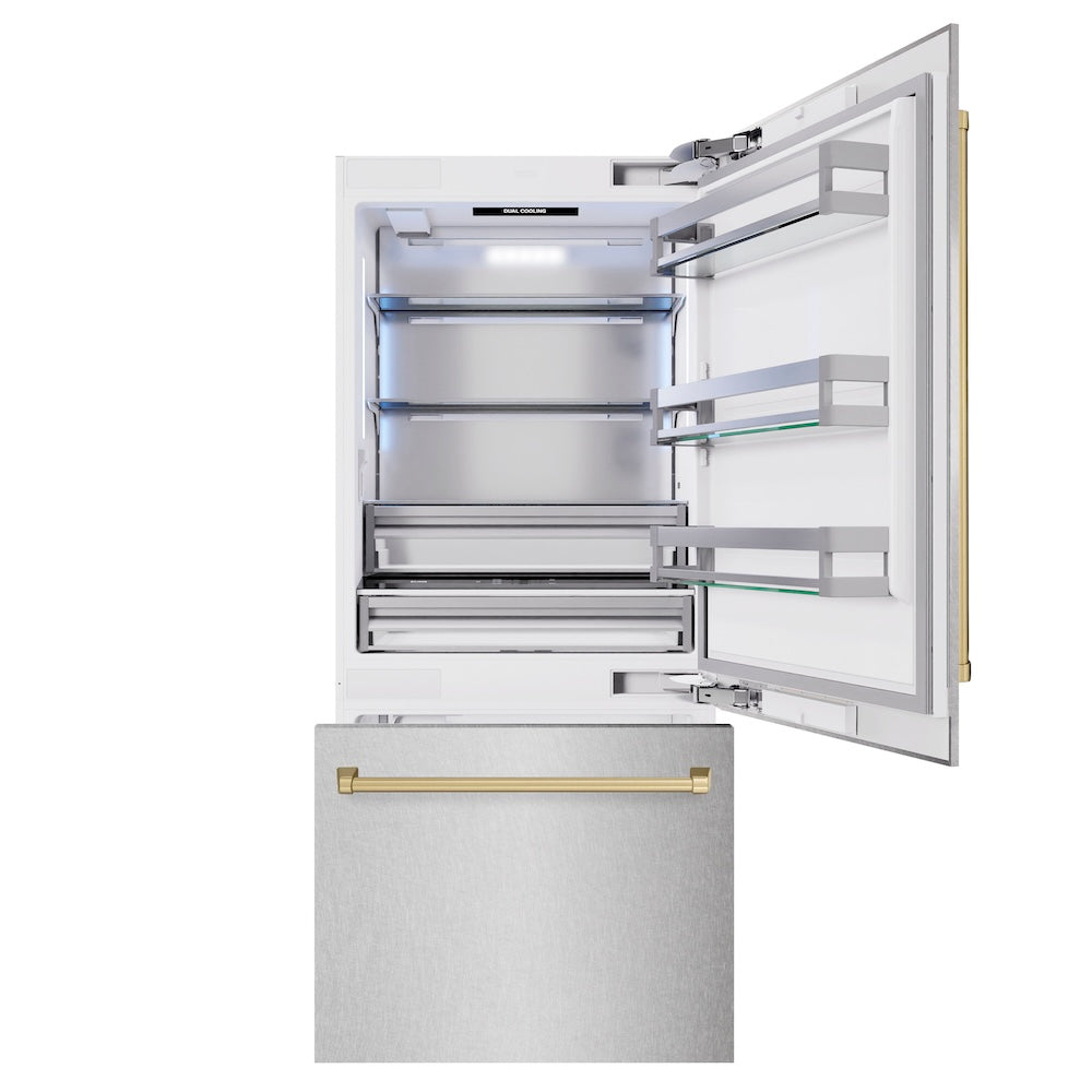 ZLINE Autograph Edition 36-inch refrigerator in satin stainless steel with bright white interior and champagne bronze accents RBITZ-SN-36-CB, front view