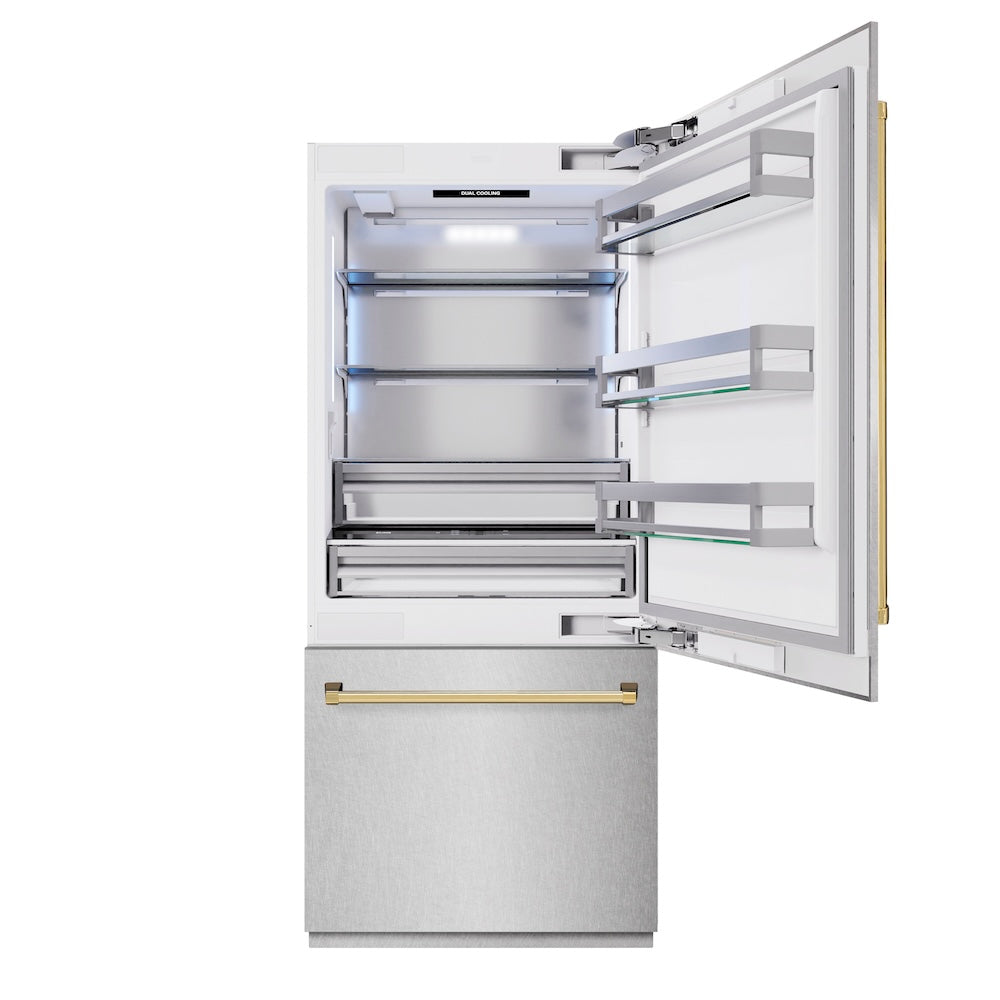 ZLINE Autograph Edition 36-inch refrigerator in satin stainless steel with bright white interior and polished gold accents RBITZ-SN-36-G, front view