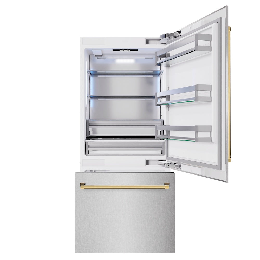 ZLINE Autograph Edition 36-inch refrigerator in satin stainless steel with bright white interior and polished gold accents RBITZ-SN-36-G, front view