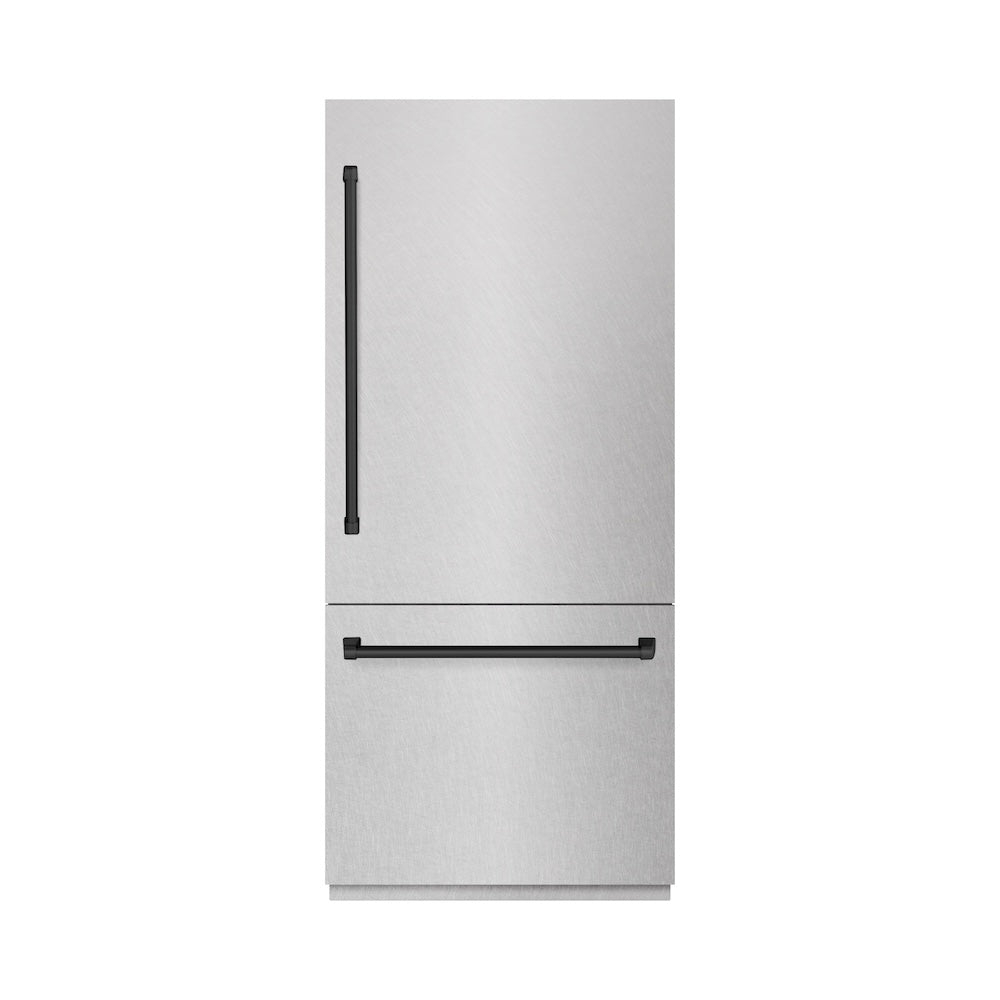 ZLINE Autograph Edition 36-inch refrigerator in satin stainless steel with bright white interior and matte black accents RBITZ-SN-36-MB