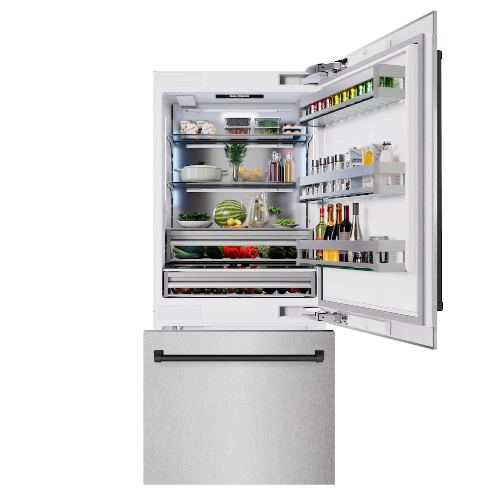 ZLINE Autograph Edition 36-inch refrigerator in satin stainless steel with bright white interior and matte black accents RBITZ-SN-36-MB, front view
